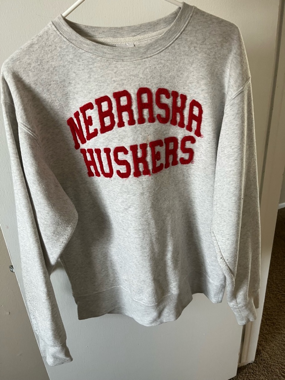 Nebraska Huskers Light Gray Crewneck Sweatshirt with Red Applique